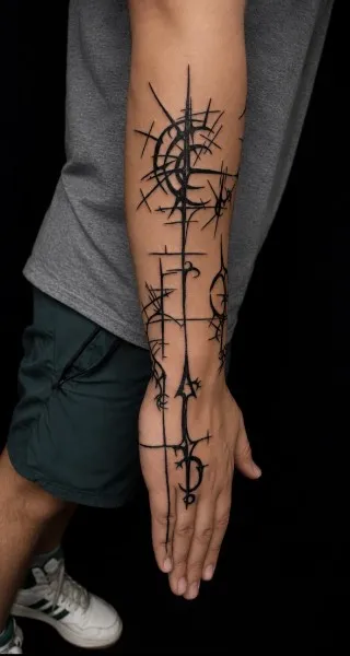 Abstract sigil column — Blackwork / sigil tattoo on forearm to hand