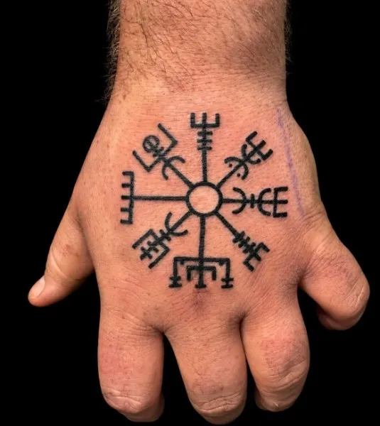 Vegvisir runic compass — Blackwork / symbolic tattoo on hand