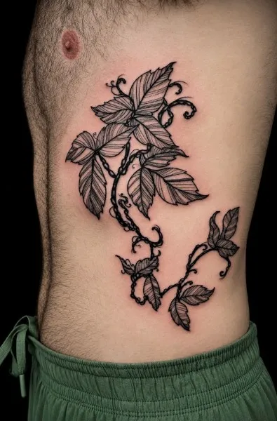Vine and leaves — Fine-line botanical tattoo on ribs / torso